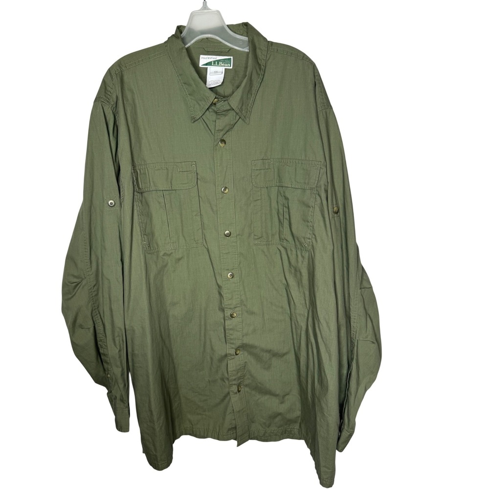 LL Bean Insect Shield Shirt Mens XXL Tall Green Long Sleeve Button Down Utility